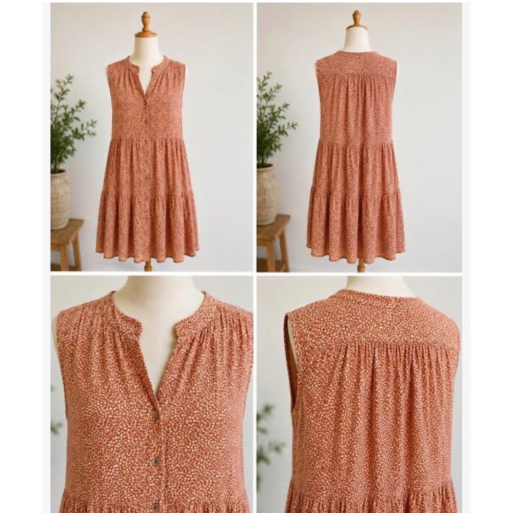Baltic Born Rust Brown White Micro Dot Sleeveless Tiered Midi Dress Womens 1X